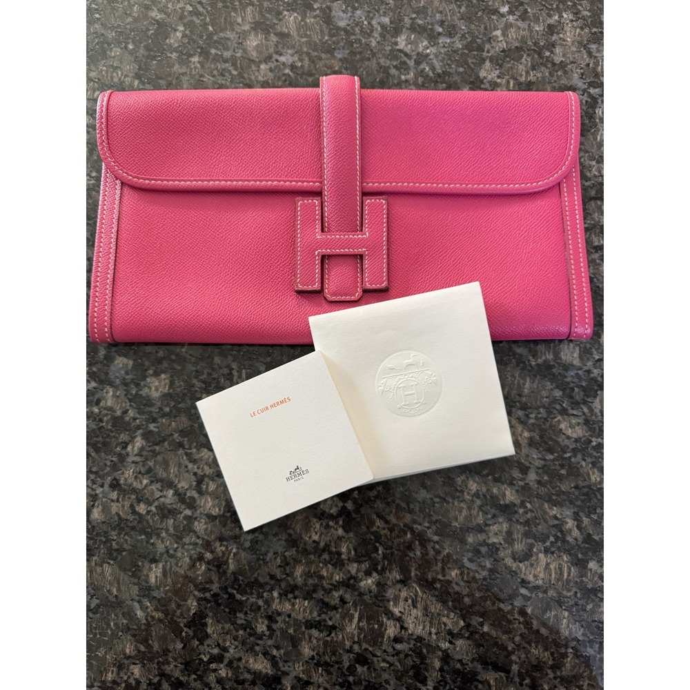 Authentic‎ Hermes Jige Clutch Epsom Leather Bag In ROSE TYRIEN pink Color Rare